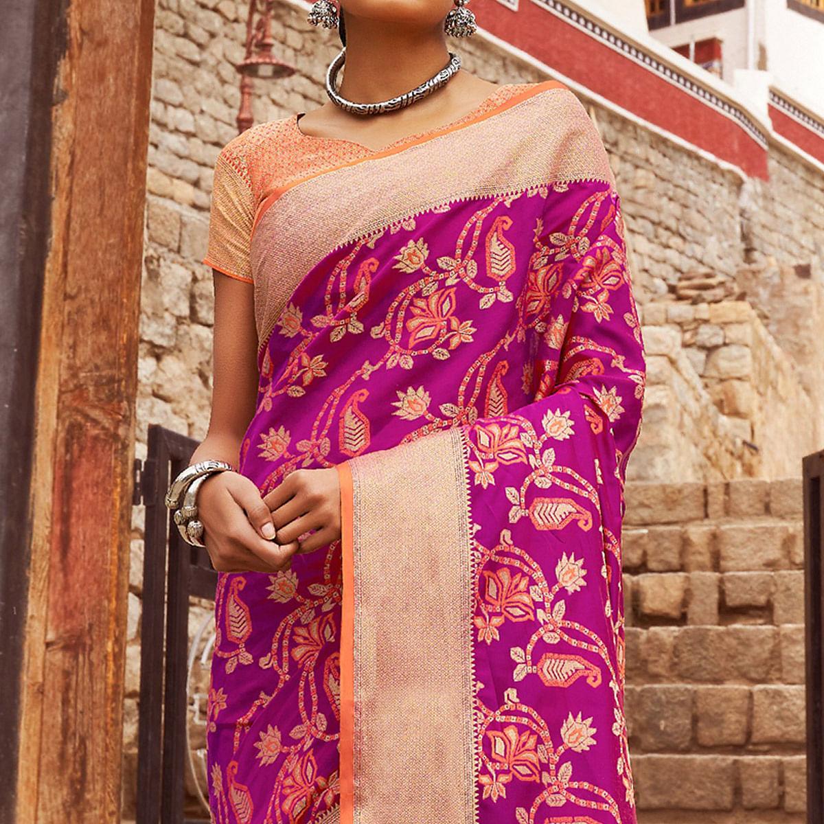 Fantastic Deep Magenta Pink Colored Festive Wear Woven Silk Saree - Peachmode