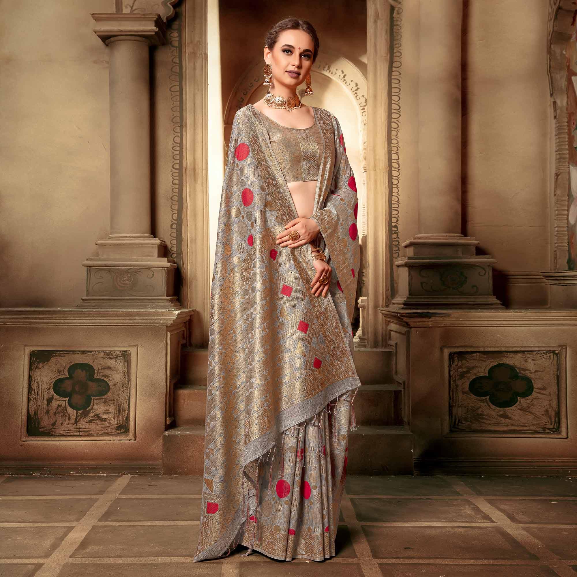 Fantastic Gray Colored Festive Wear Woven Cotton Silk Saree - Peachmode