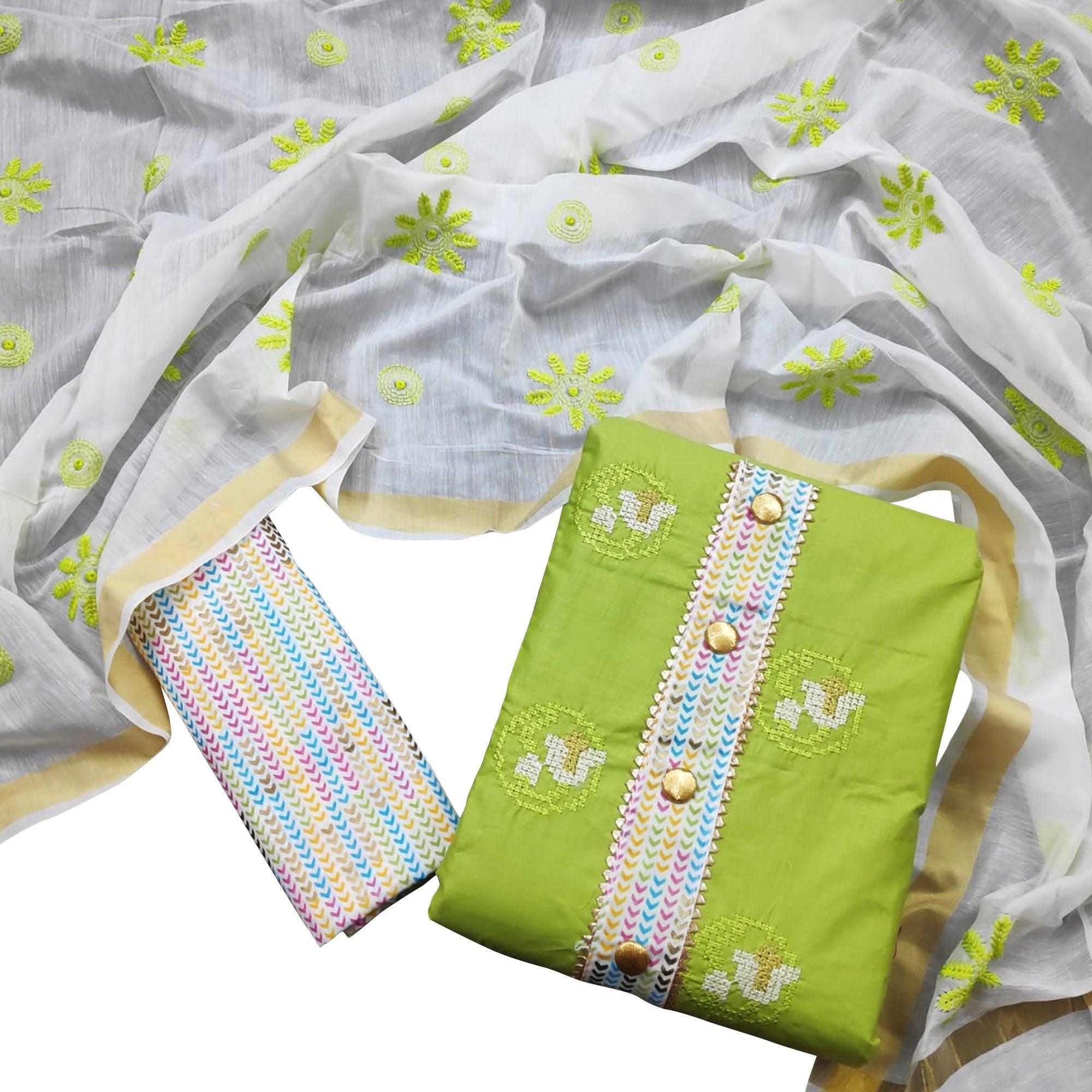Fantastic Green Colored Casual Wear Embroidered Cotton Dress Material - Peachmode