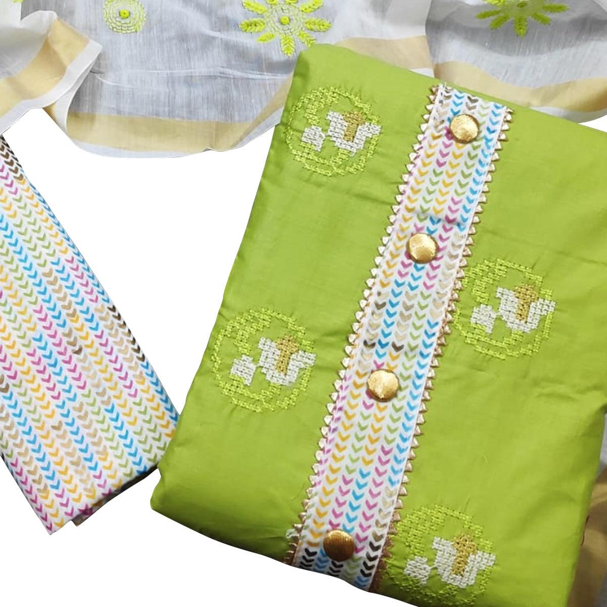 Fantastic Green Colored Casual Wear Embroidered Cotton Dress Material - Peachmode