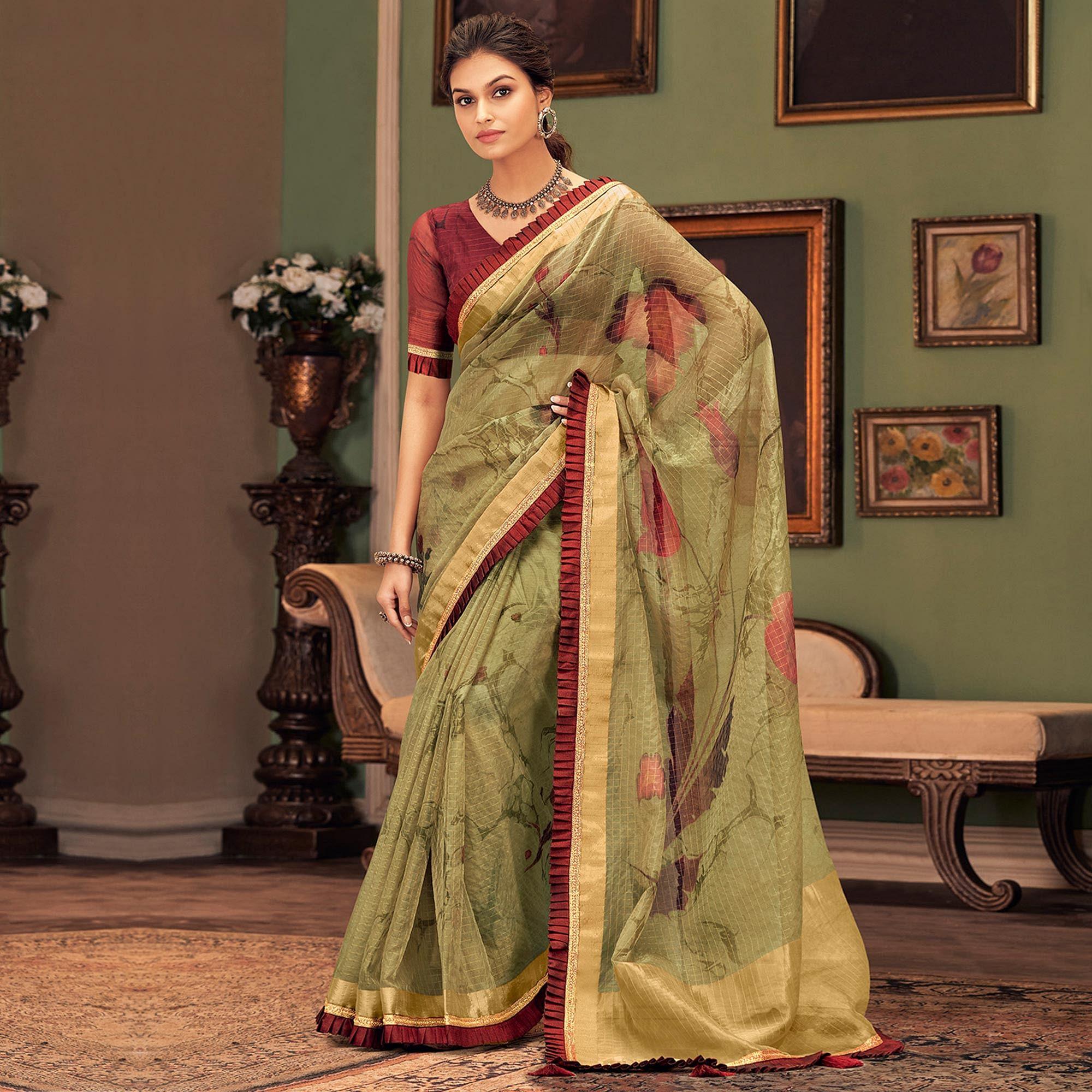 Fantastic Green Colored Festive Wear Printed And Woven Border Silk Saree - Peachmode