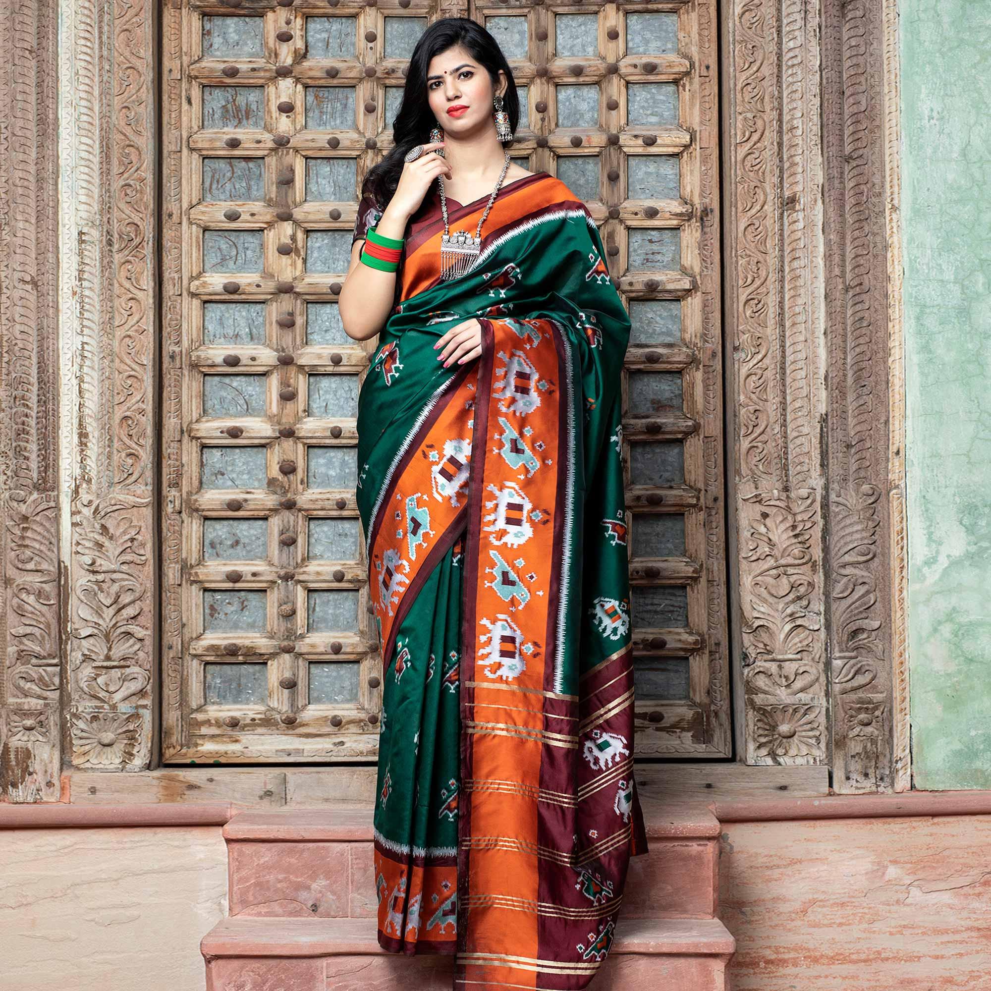 Fantastic Green Colored Festive Wear Woven Patola Silk Saree - Peachmode