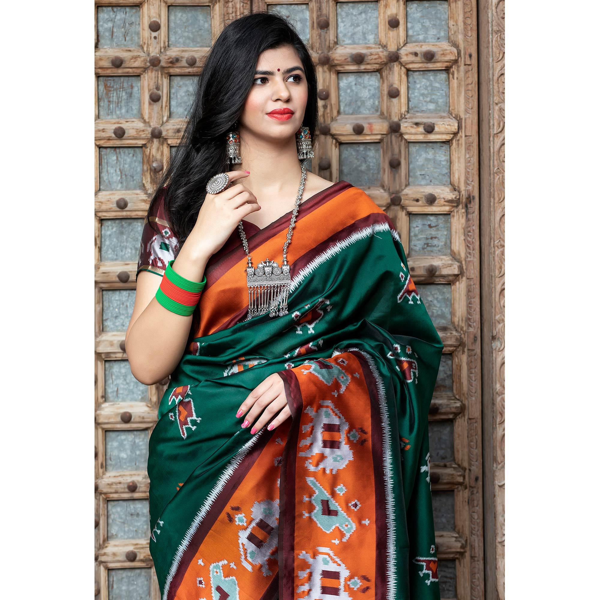 Fantastic Green Colored Festive Wear Woven Patola Silk Saree - Peachmode