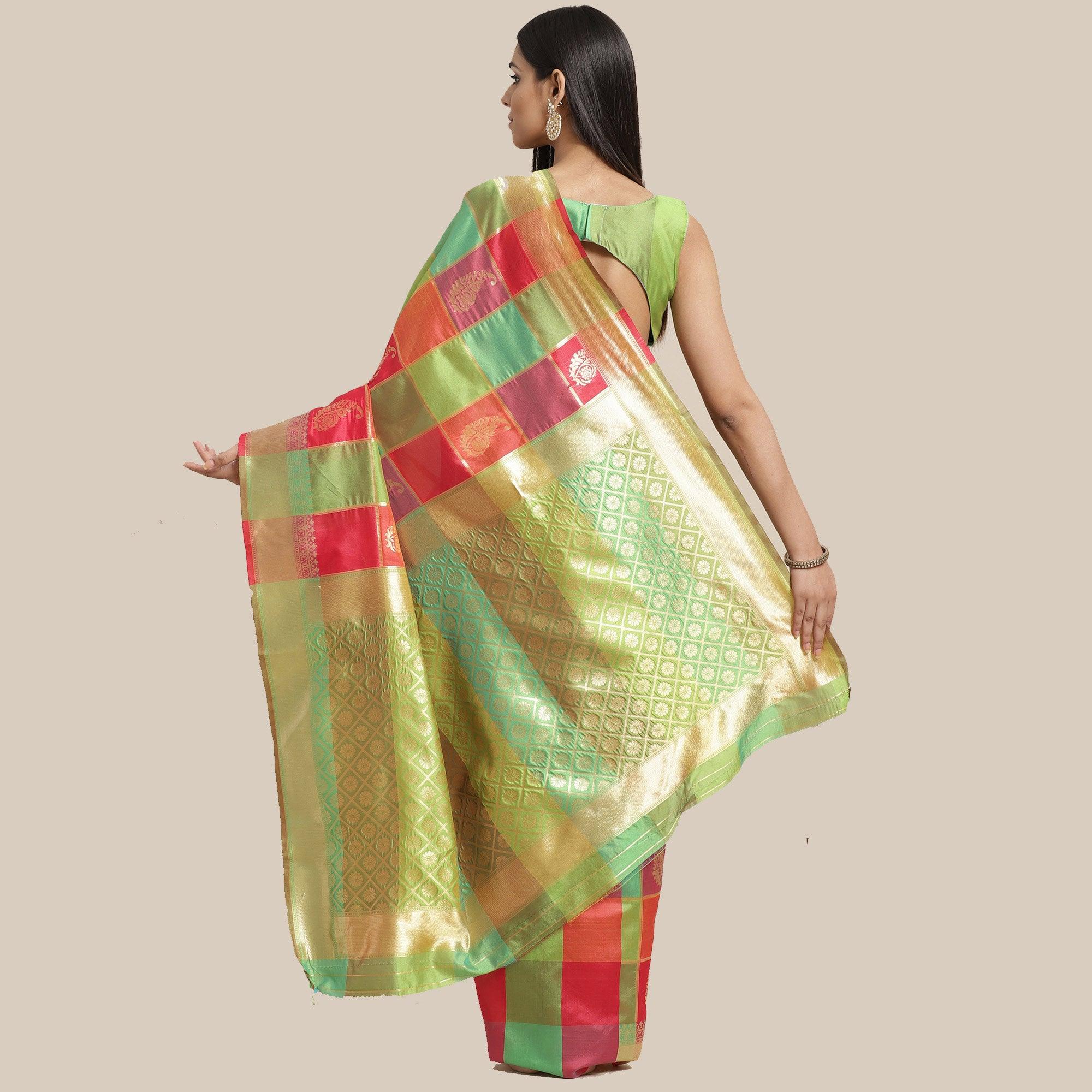 Fantastic Green-Pink Colored Festive Wear Woven Silk Blend Saree - Peachmode