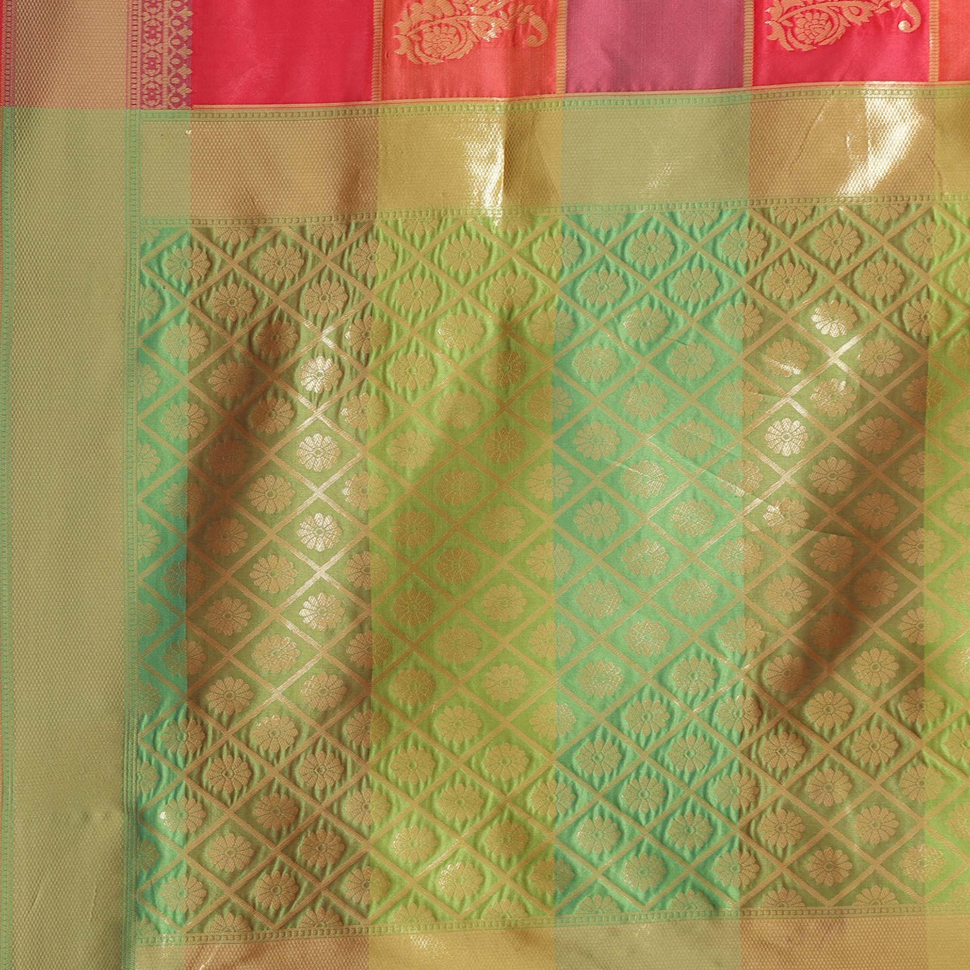 Fantastic Green-Pink Colored Festive Wear Woven Silk Blend Saree - Peachmode