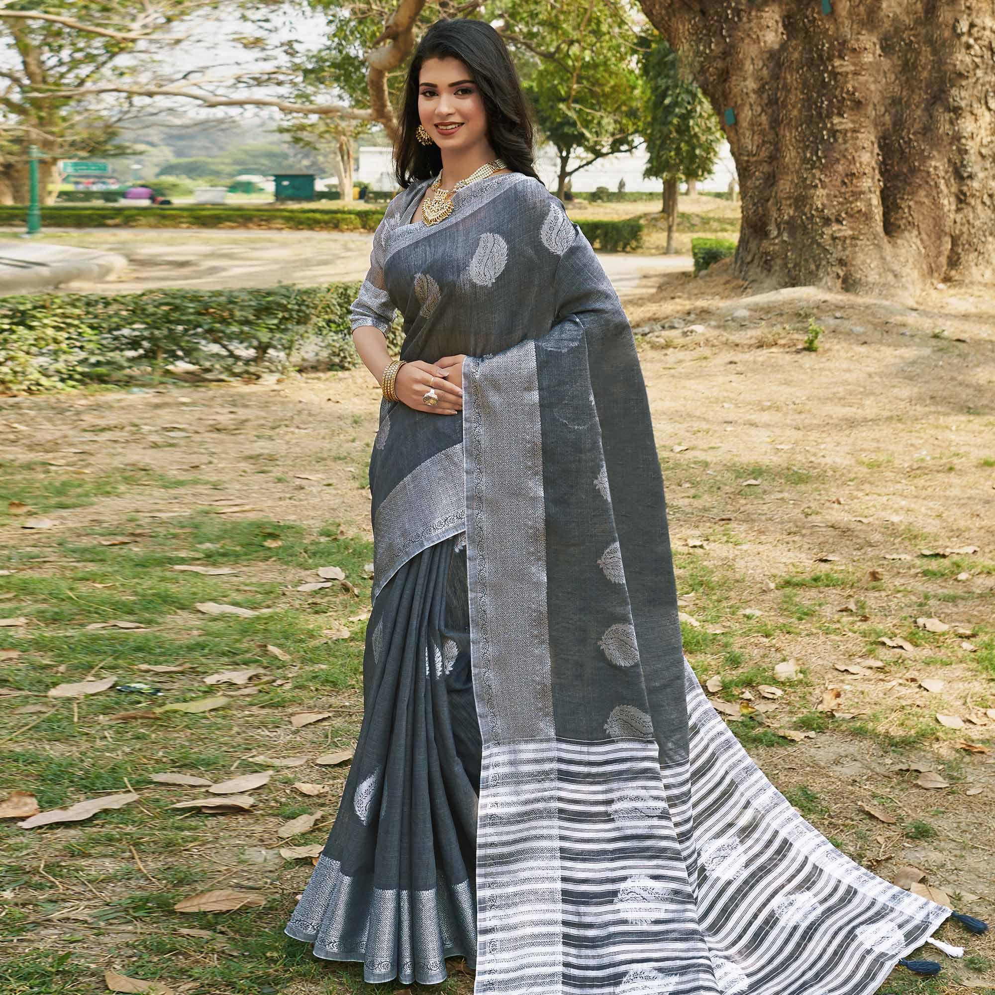 Fantastic Grey Colored Festive Wear Woven Linen Cotton Saree - Peachmode