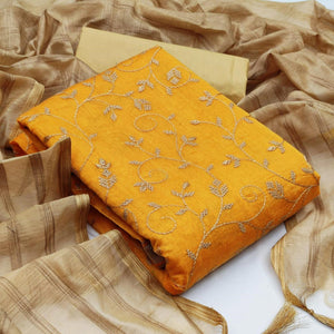Fantastic Mustard Yellow Colored Casual Wear Embroidered Chanderi Dress Material - Peachmode