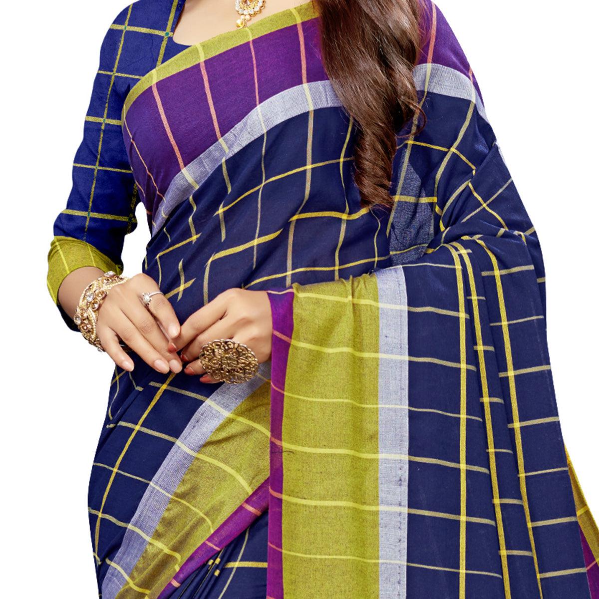Fantastic Navy Blue Colored Festive Wear Stripe Printed Cotton Silk Saree With Tassels - Peachmode