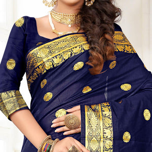 Fantastic Navy Blue Colored Festive Wear Woven Cotton Silk Saree - Peachmode