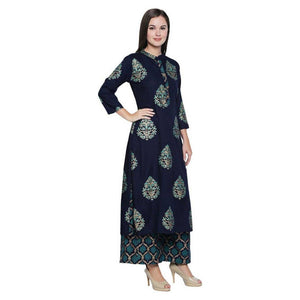 Fantastic Navy Blue Colored Party Wear Foil Printed Cotton Kurti-Palazzo Set - Peachmode