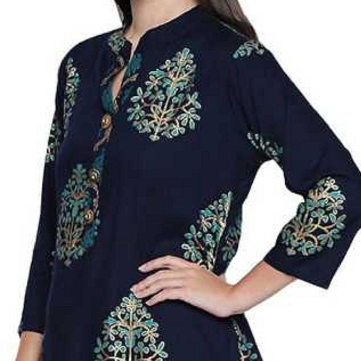 Fantastic Navy Blue Colored Party Wear Foil Printed Cotton Kurti-Palazzo Set - Peachmode