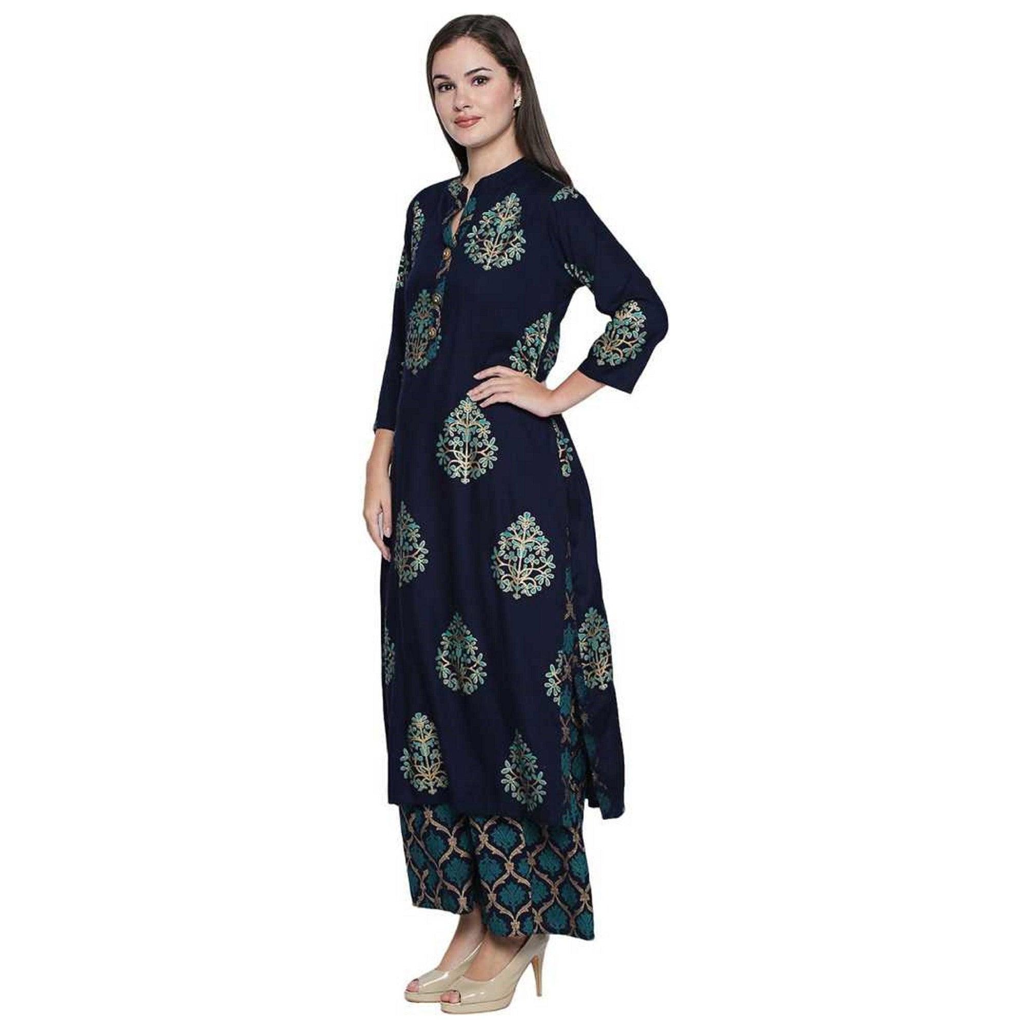 Fantastic Navy Blue Colored Party Wear Foil Printed Cotton Kurti-Palazzo Set - Peachmode