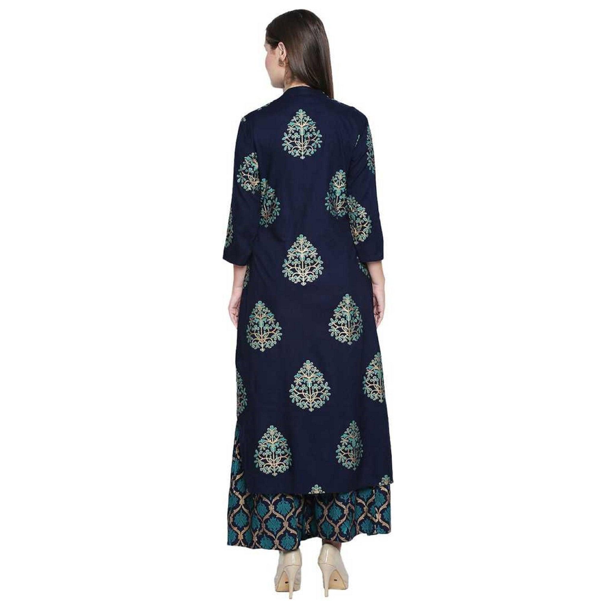Fantastic Navy Blue Colored Party Wear Foil Printed Cotton Kurti-Palazzo Set - Peachmode
