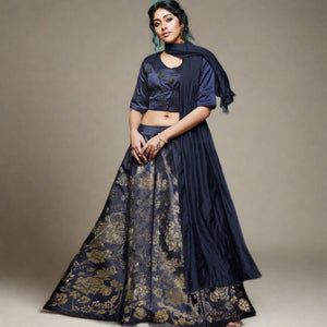Fantastic Navy Blue Colored Partywear Embroidery Banarasi Silk Lehenga Choli - Peachmode