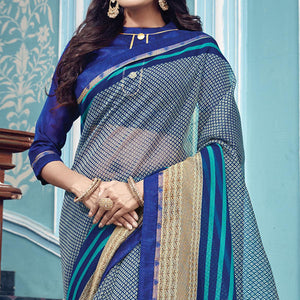 Fantastic Navy Blue Colored Partywear Printed Silk Saree - Peachmode