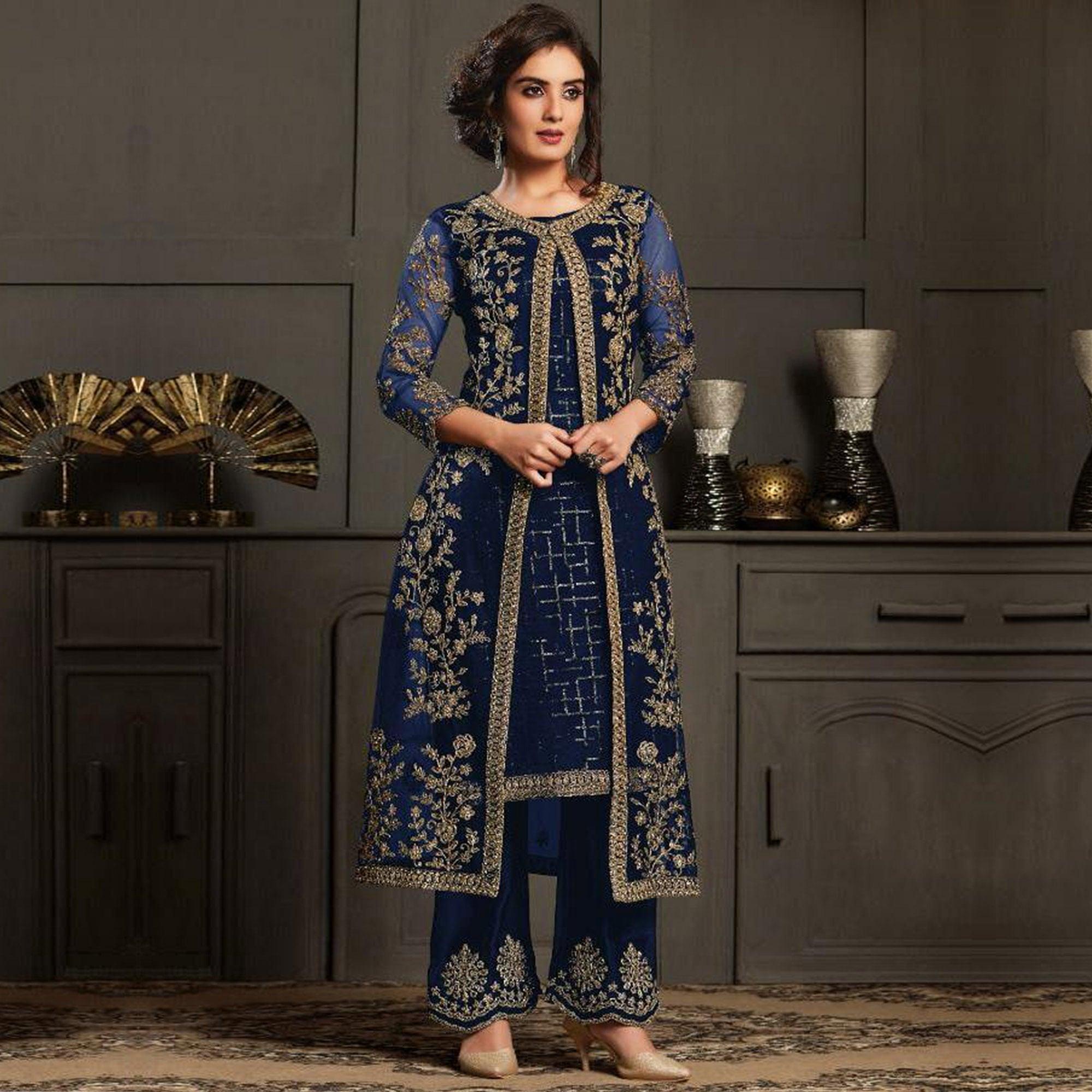 Fantastic Navy Blue Coloured Party Wear Floral Embroidered Butterfly Net Pakistani Straight Suit - Peachmode