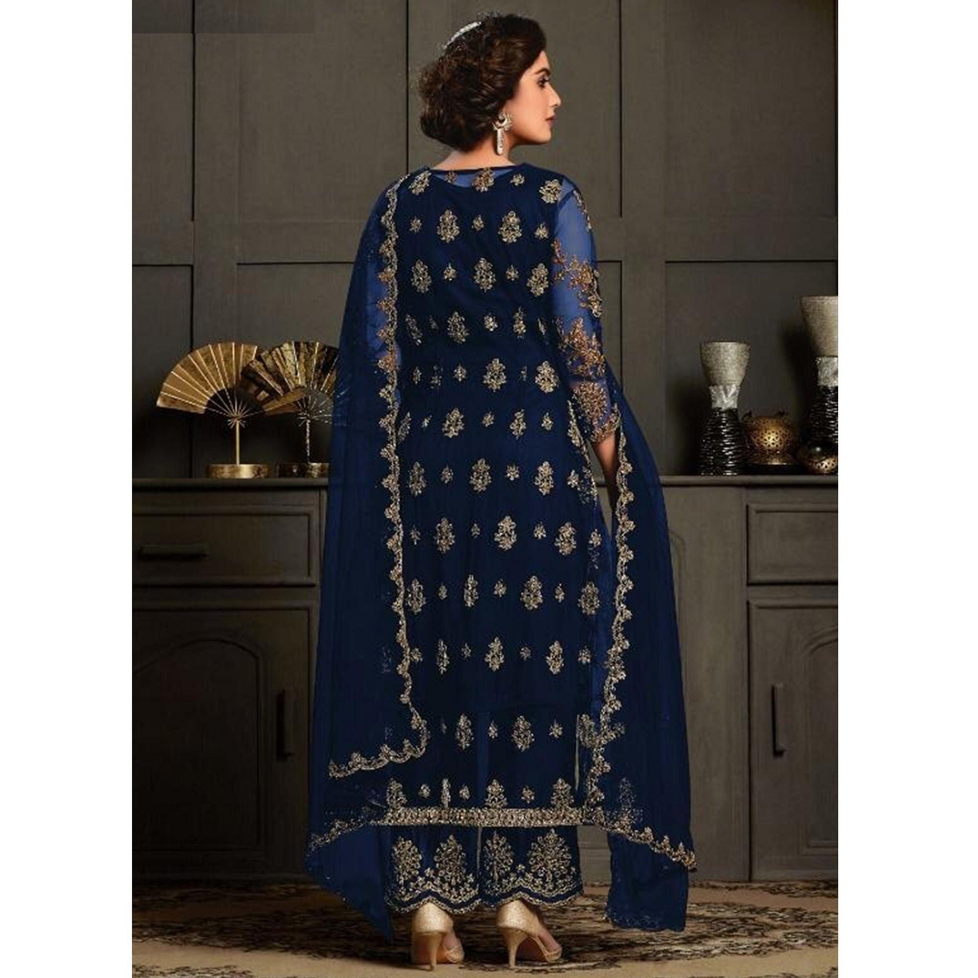 Fantastic Navy Blue Coloured Party Wear Floral Embroidered Butterfly Net Pakistani Straight Suit - Peachmode