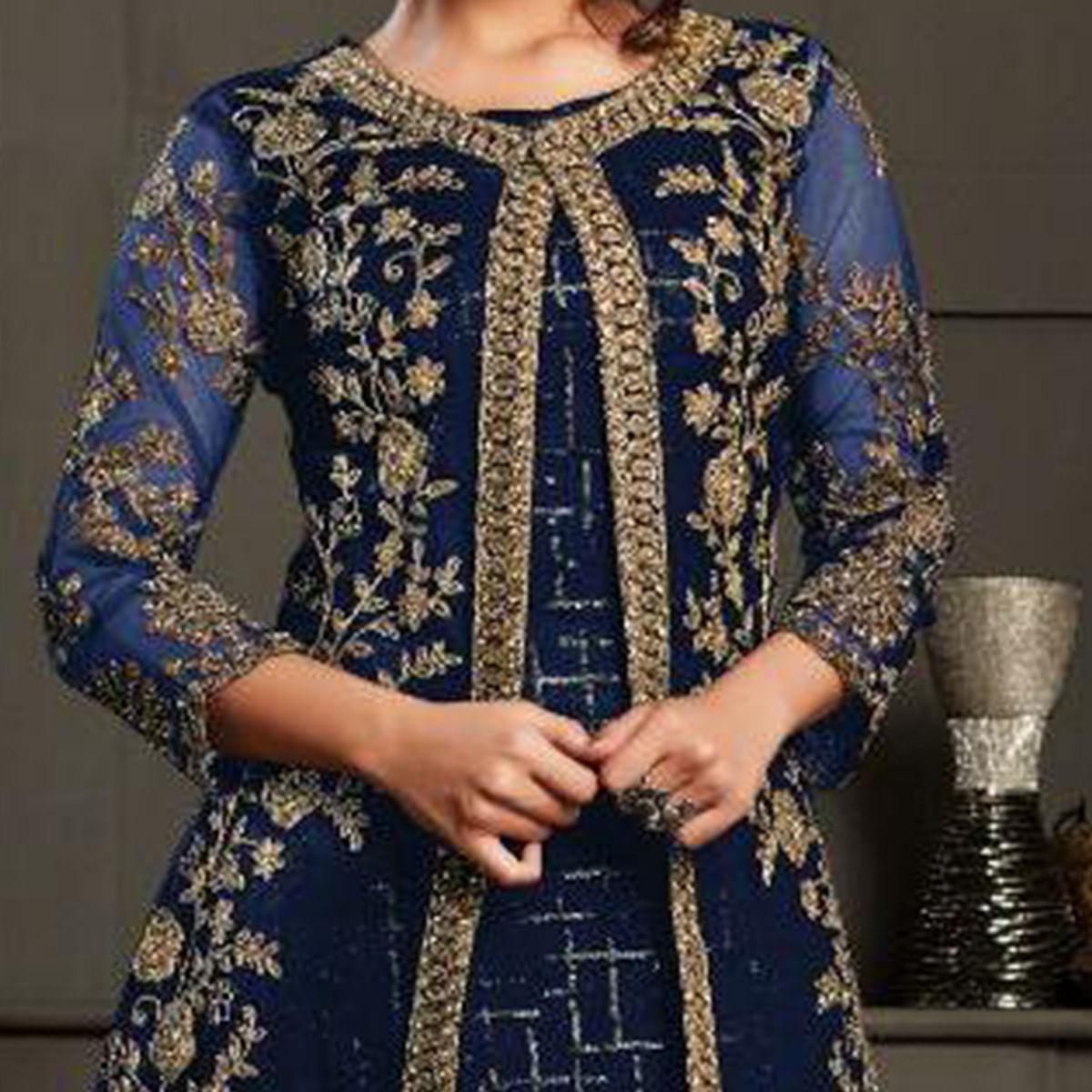 Fantastic Navy Blue Coloured Party Wear Floral Embroidered Butterfly Net Pakistani Straight Suit - Peachmode