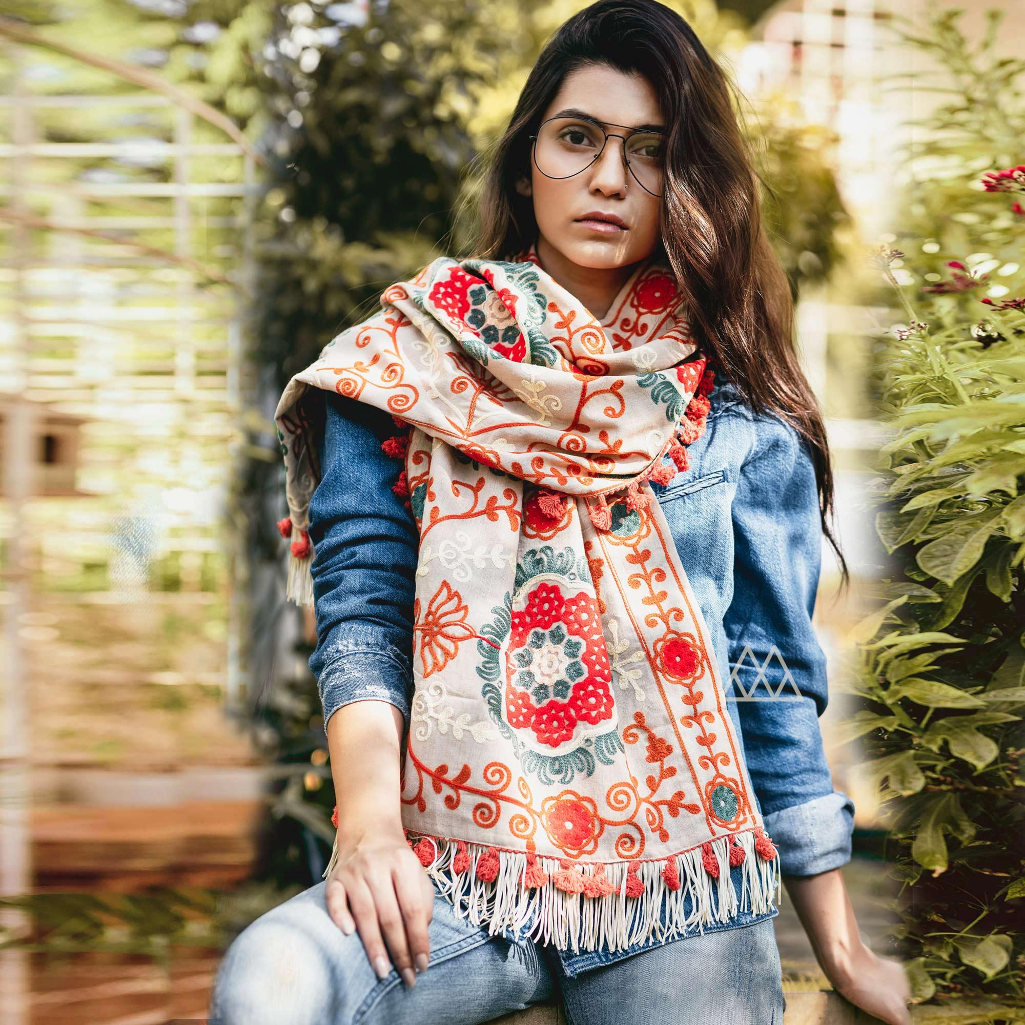 Fantastic Offwhite Colored Embroidered Khadi Muffler Stole - Peachmode