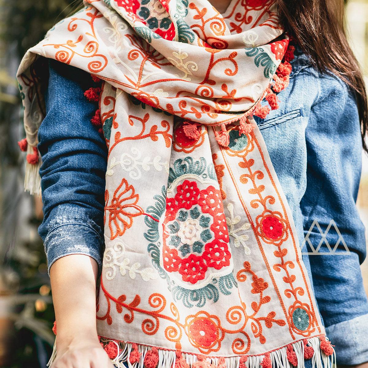 Fantastic Offwhite Colored Embroidered Khadi Muffler Stole - Peachmode