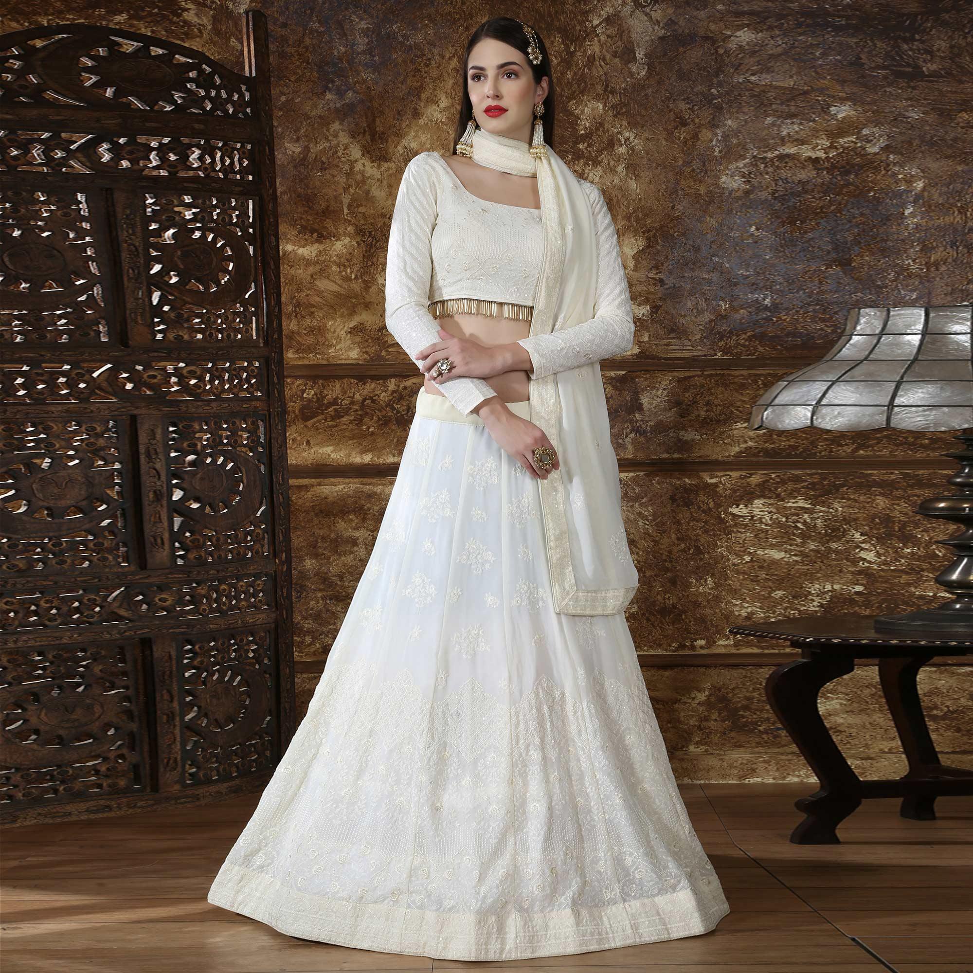 Fantastic Offwhite Colored Partywear Embroidered Gerogette Lehenga Choli - Peachmode