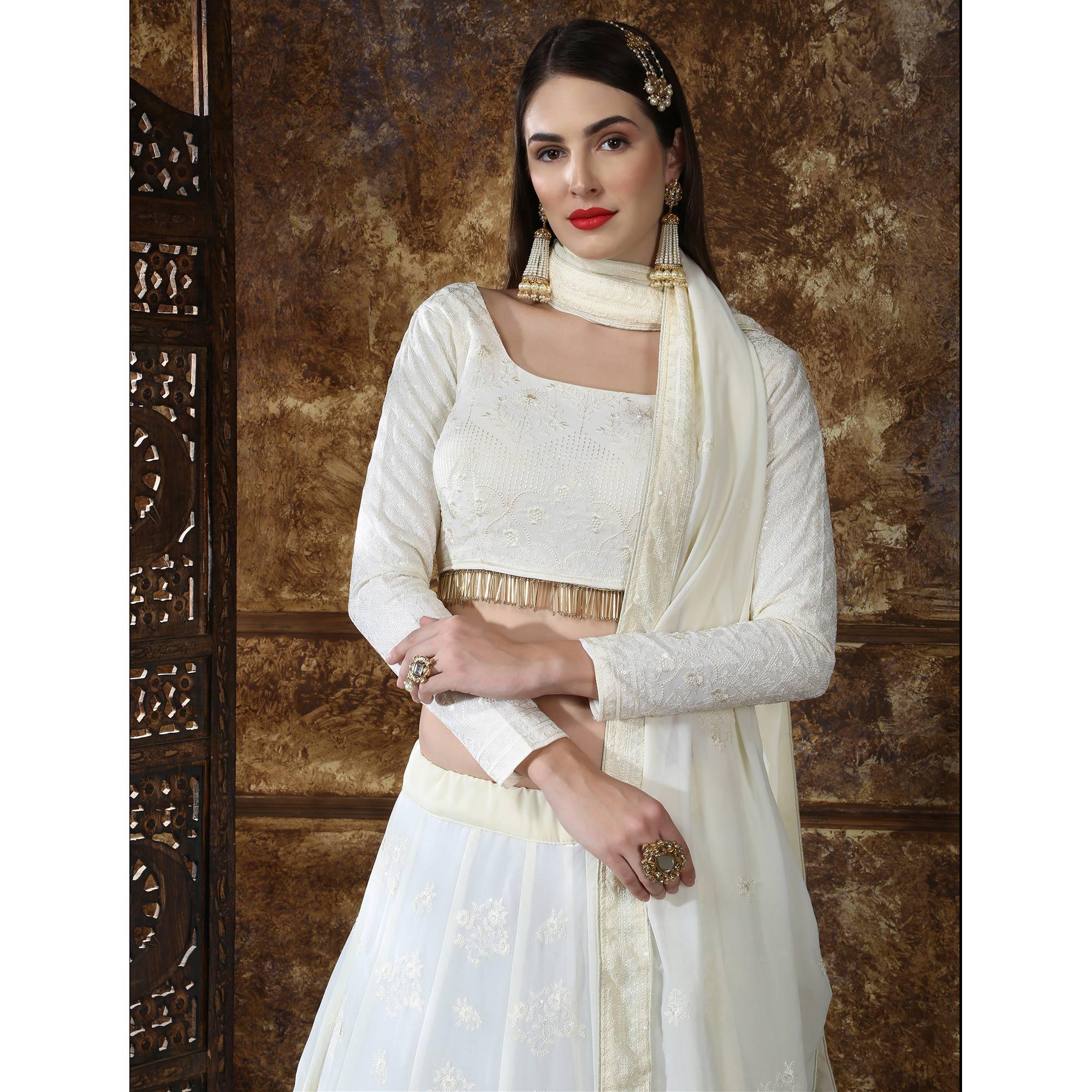 Fantastic Offwhite Colored Partywear Embroidered Gerogette Lehenga Choli - Peachmode