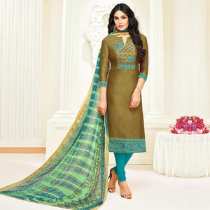 Fantastic Olive Green Colored Partywear Embroidered Cotton Suit - Peachmode