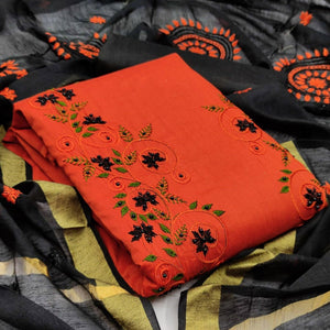 Fantastic Orange Colored Casual Wear Embroidered Cotton Dress Material - Peachmode