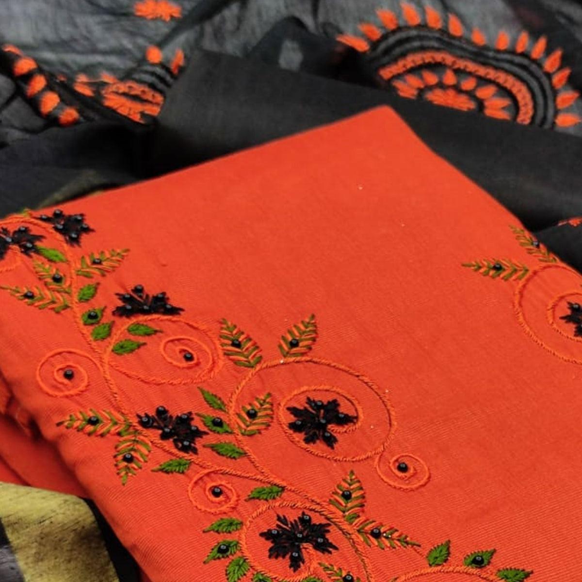 Fantastic Orange Colored Casual Wear Embroidered Cotton Dress Material - Peachmode