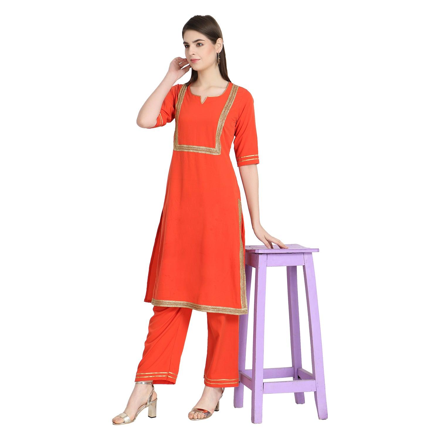 Fantastic Orange Colored Casual Wear Straight Crepe Kurti-Palazzo Set - Peachmode