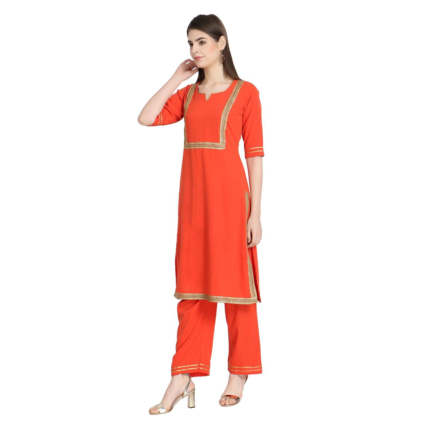 Fantastic Orange Colored Casual Wear Straight Crepe Kurti-Palazzo Set - Peachmode