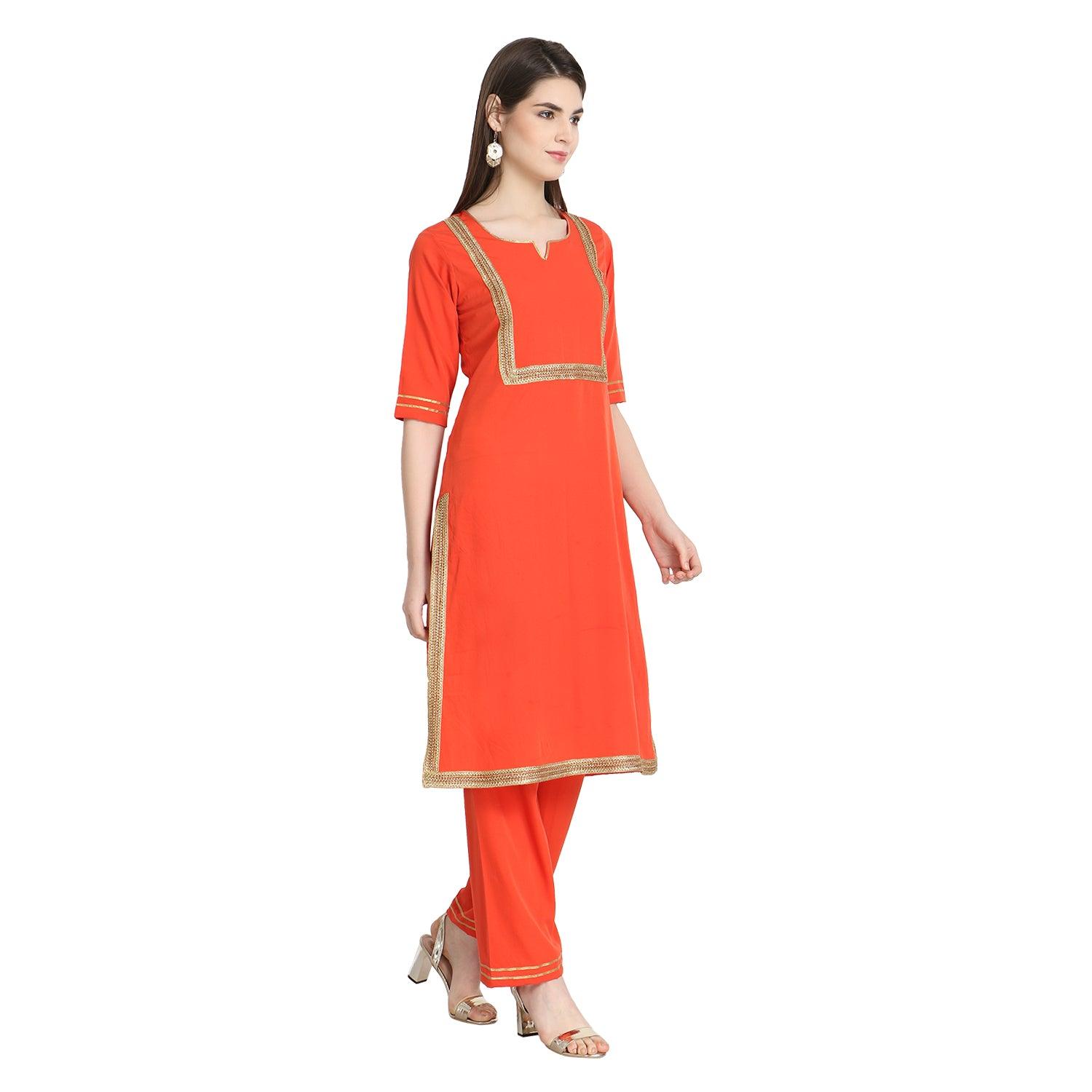 Fantastic Orange Colored Casual Wear Straight Crepe Kurti-Palazzo Set - Peachmode