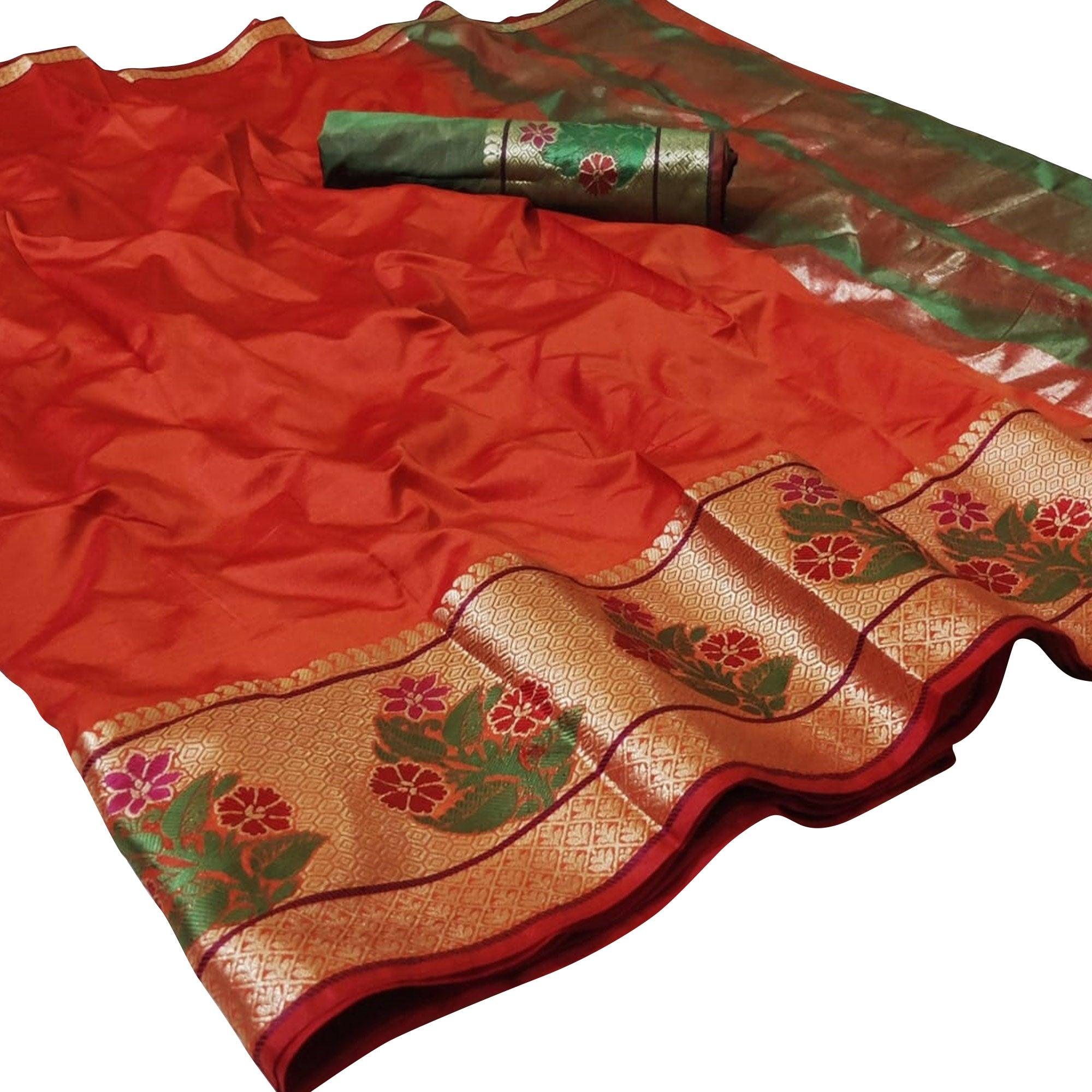 Fantastic Orange Colored Festive Wear Woven Silk Saree - Peachmode