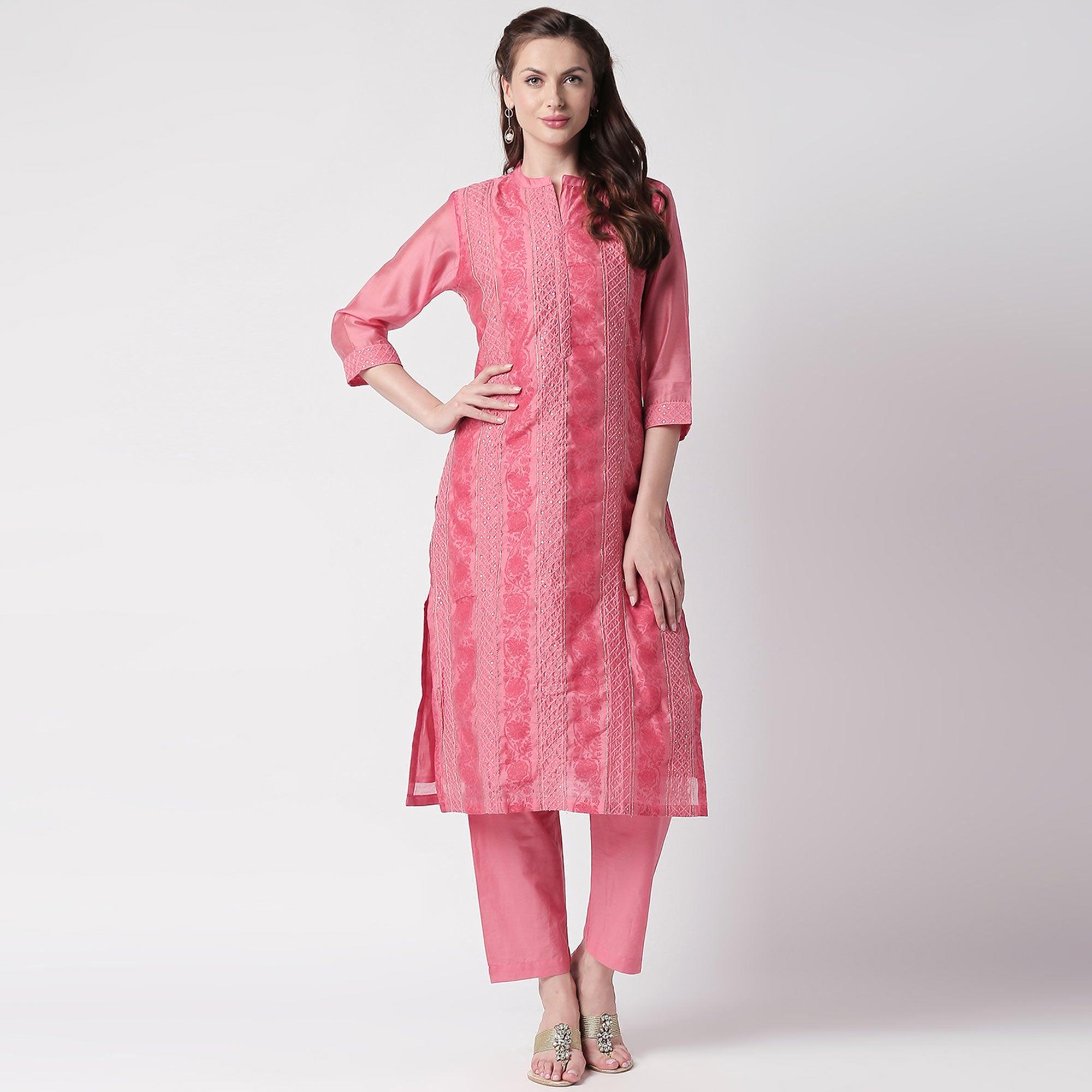Fantastic Pink Colored Casual Embroidery Silk Suit - Peachmode