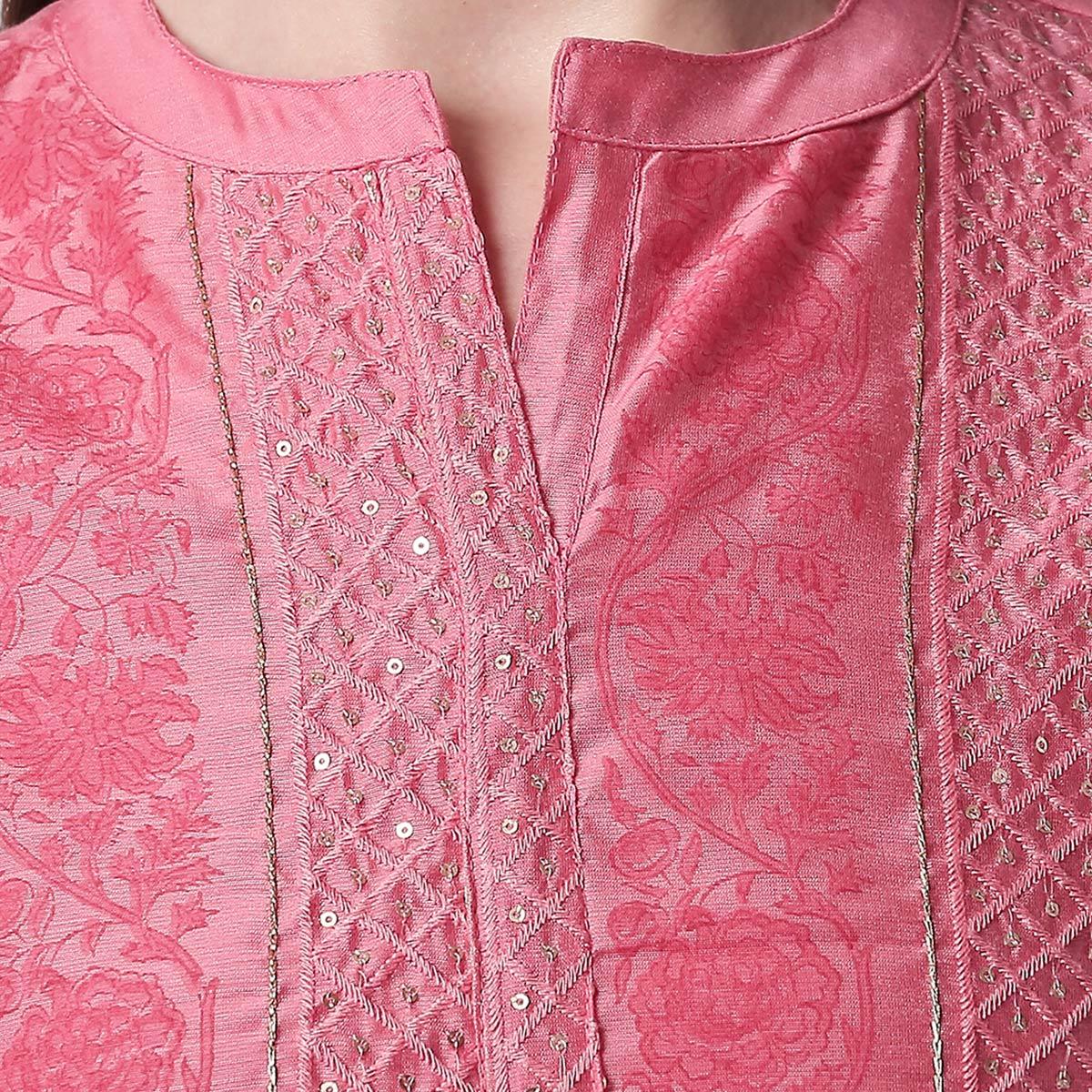 Fantastic Pink Colored Casual Embroidery Silk Suit - Peachmode