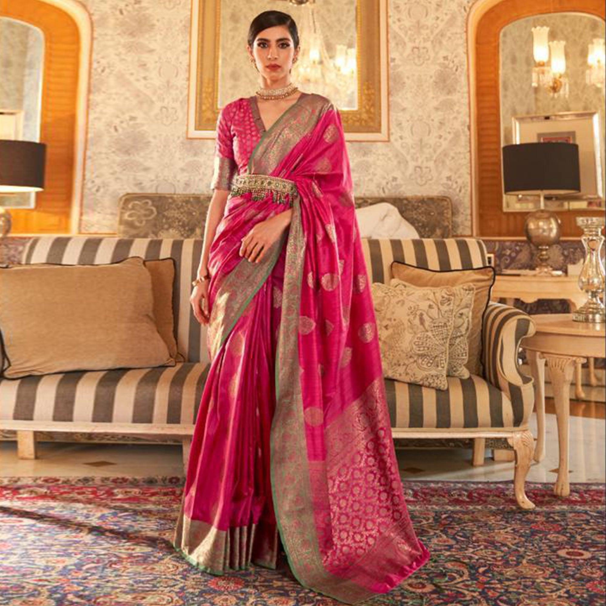 Fantastic Pink Colored Festive Wear Woven Silk Saree - Peachmode