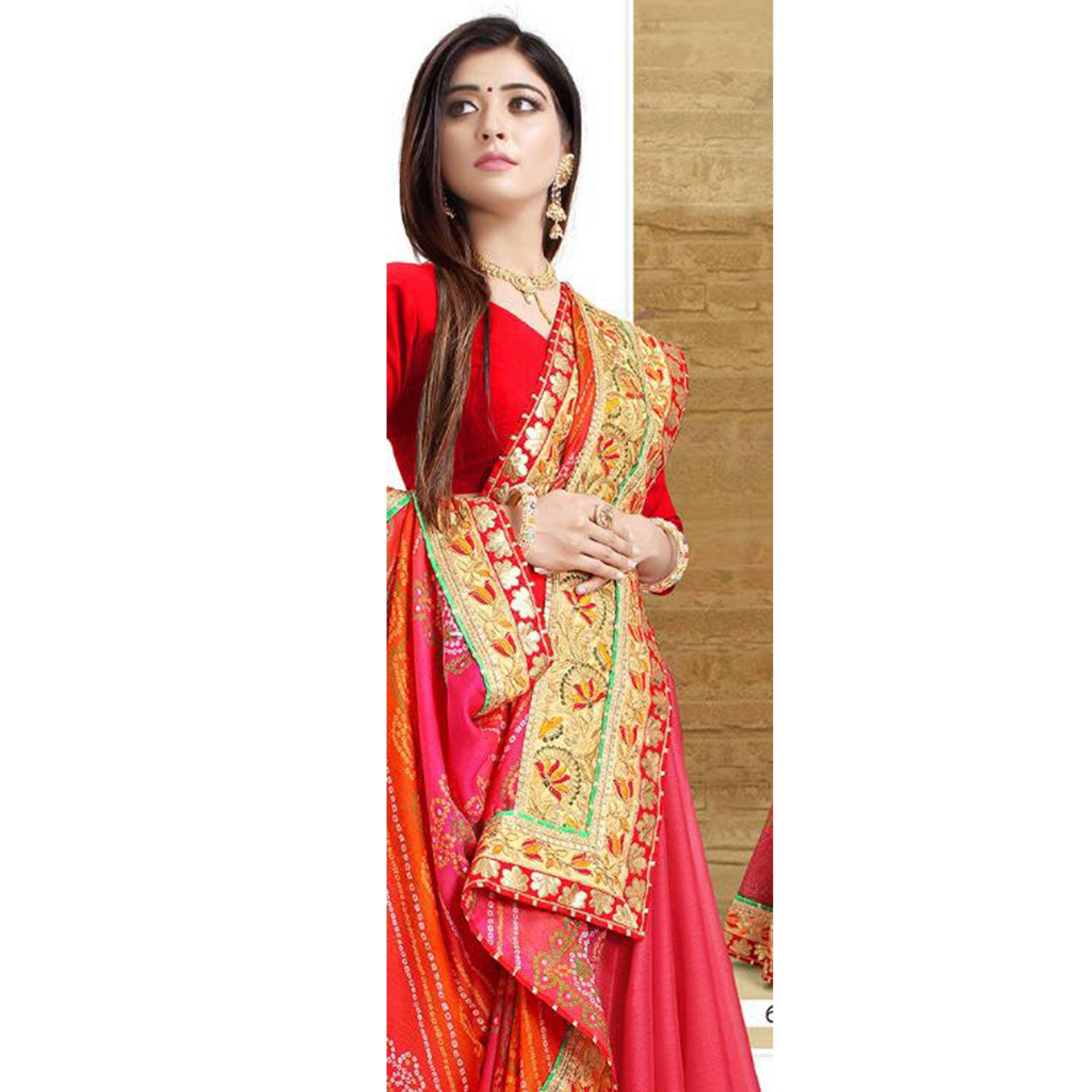 Fantastic Pink Colored Festive Wear Zari Work Moss Chiffon Half-Half Saree - Peachmode