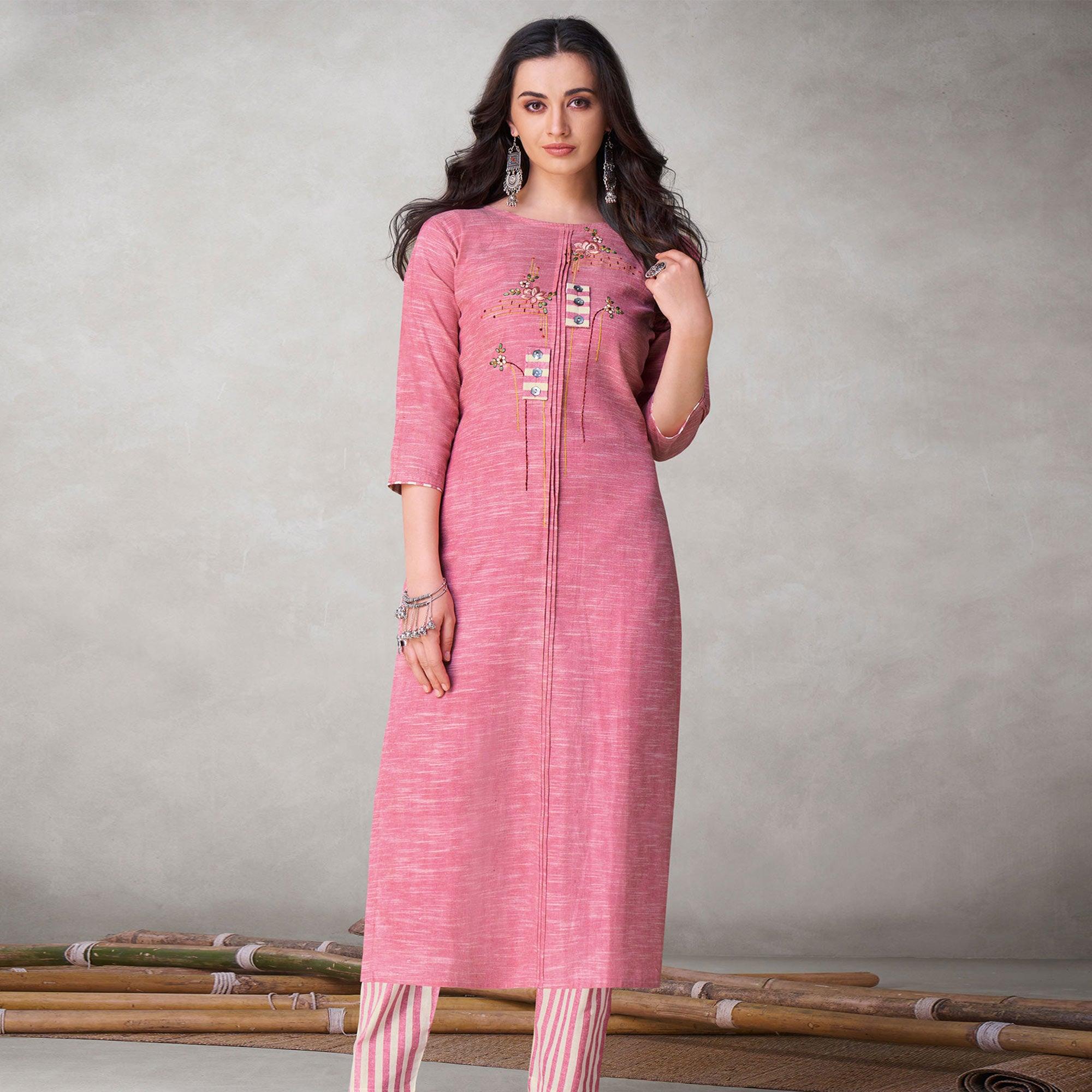 Fantastic Pink Colored Party Wear Embroidered Self Weaved Cotton Kurti Pant Set - Peachmode
