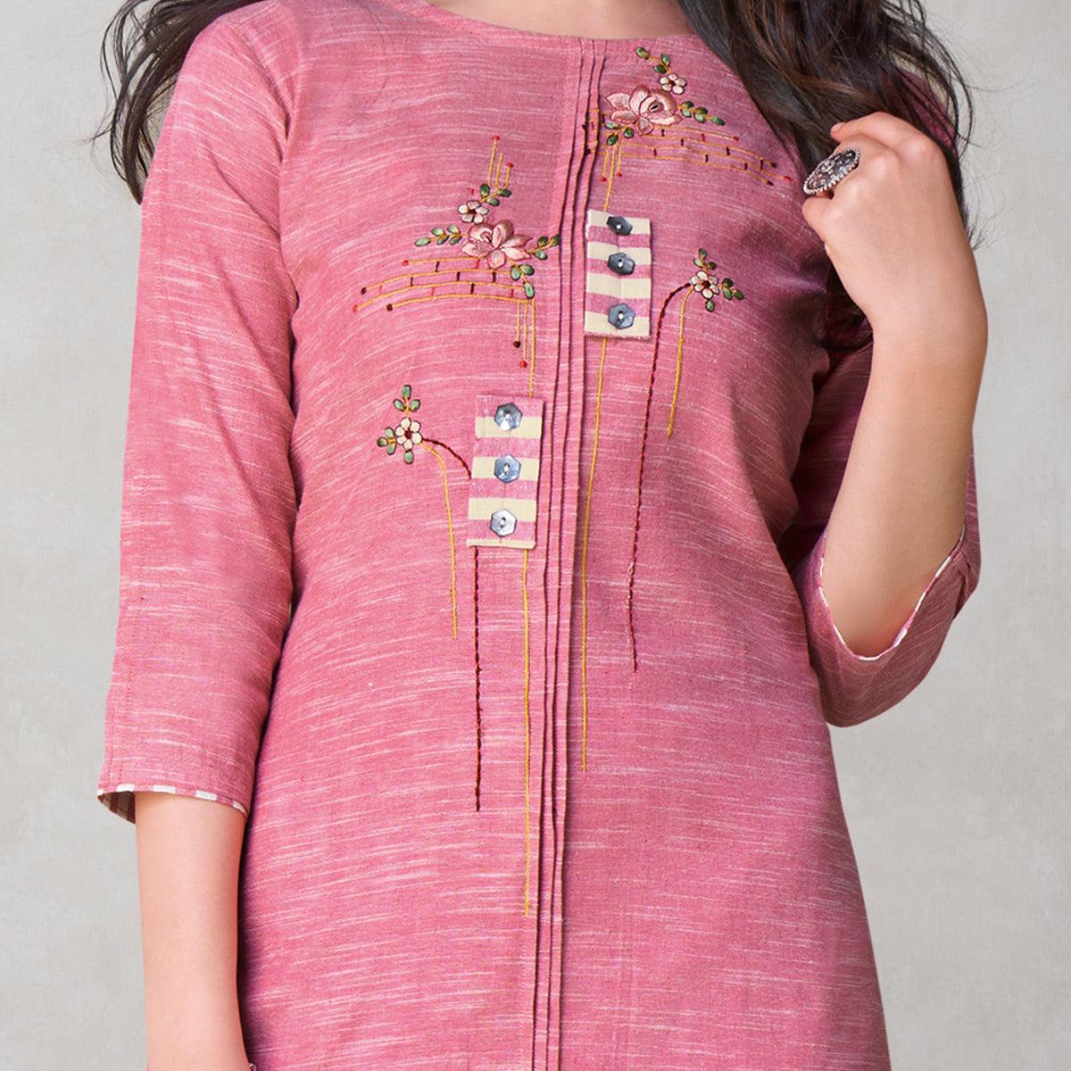 Fantastic Pink Colored Party Wear Embroidered Self Weaved Cotton Kurti Pant Set - Peachmode