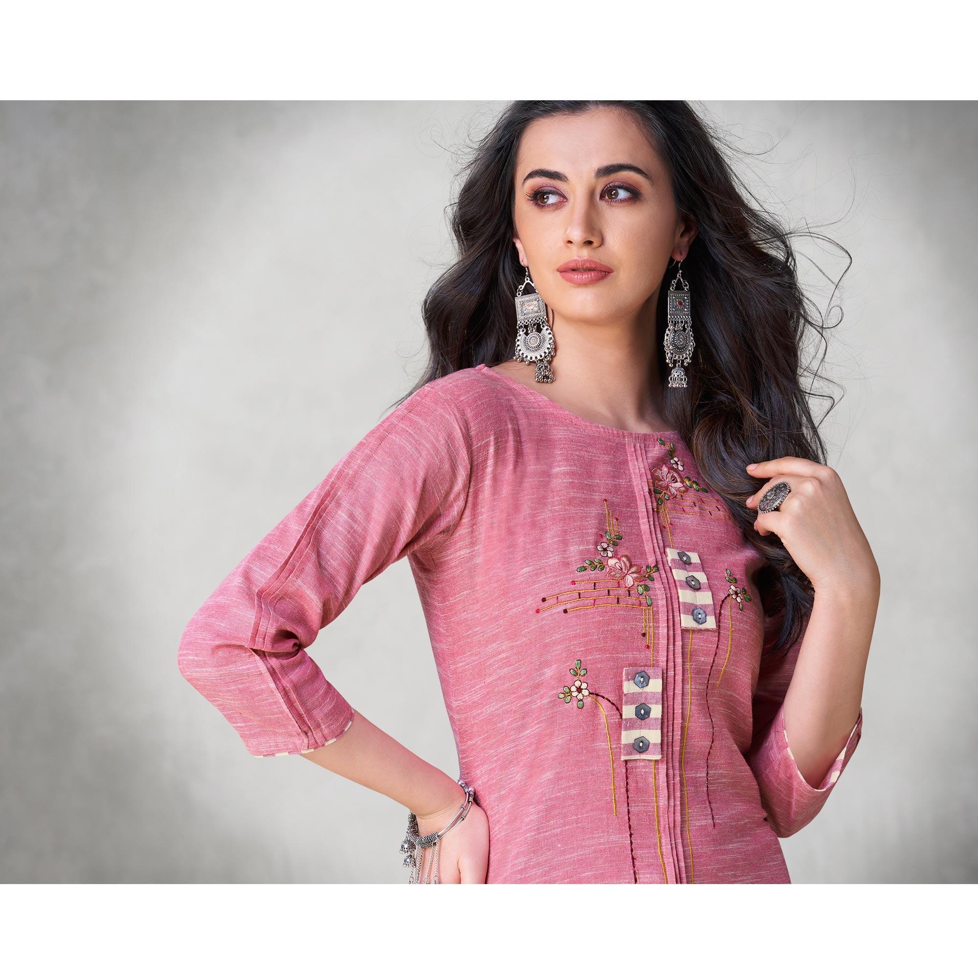 Fantastic Pink Colored Party Wear Embroidered Self Weaved Cotton Kurti Pant Set - Peachmode