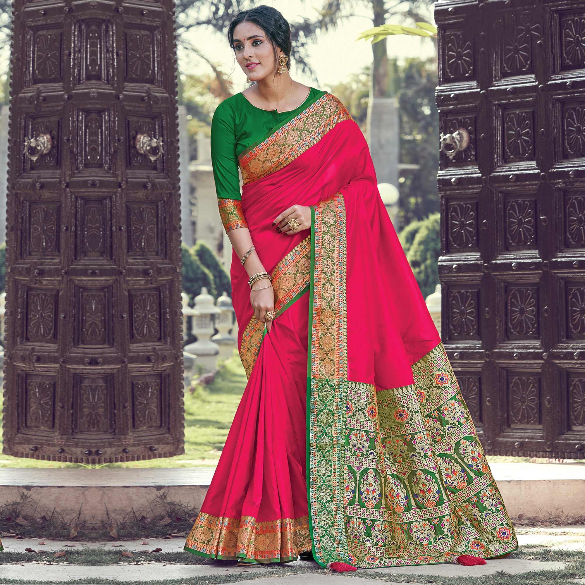 Fantastic Pink Coloured Partywear Woven Silk Saree - Peachmode