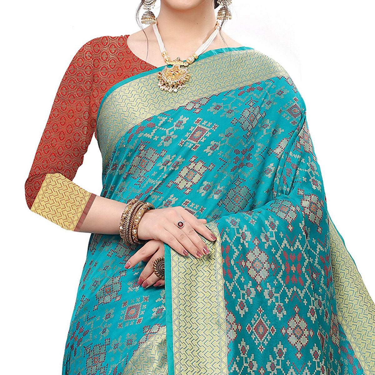 Fantastic Rama Colored Festive Wear Woven Kanjivaram Silk Saree - Peachmode