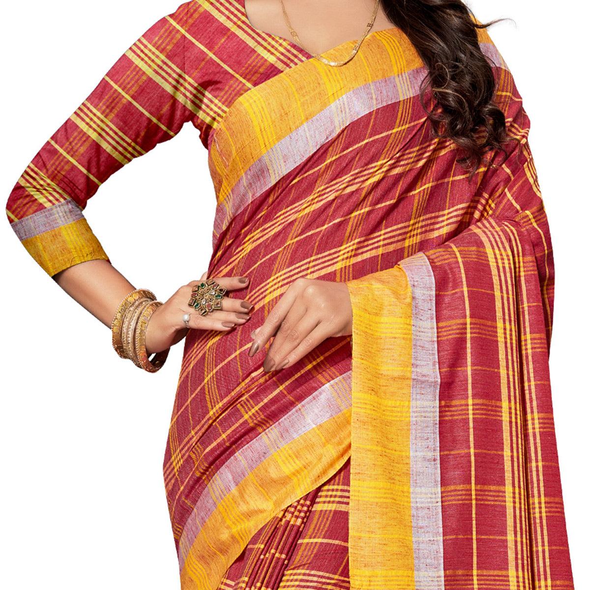 Fantastic Red Colored Fesive Wear Stripe Print Cotton Silk Saree With Tassels - Peachmode