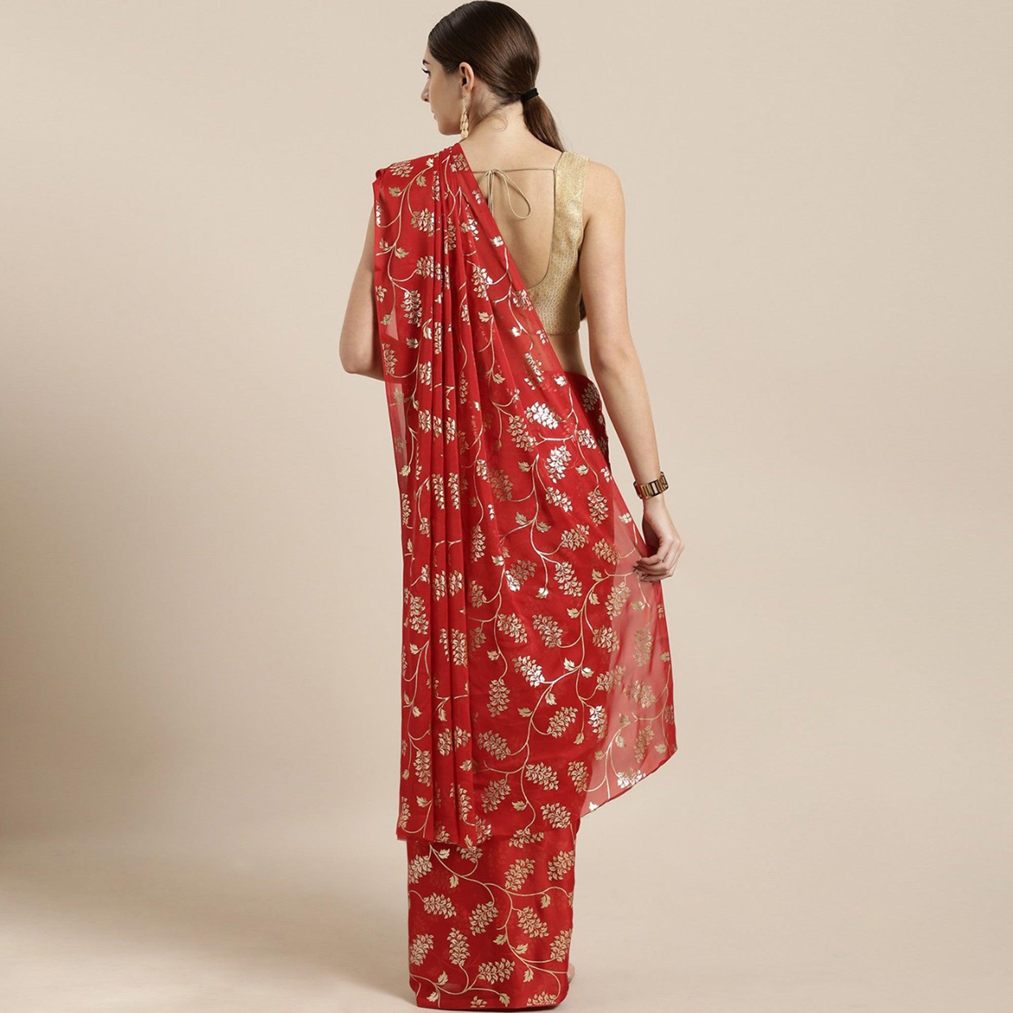 Fantastic Red Colored Partywear Foil Printed Georgette Saree - Peachmode