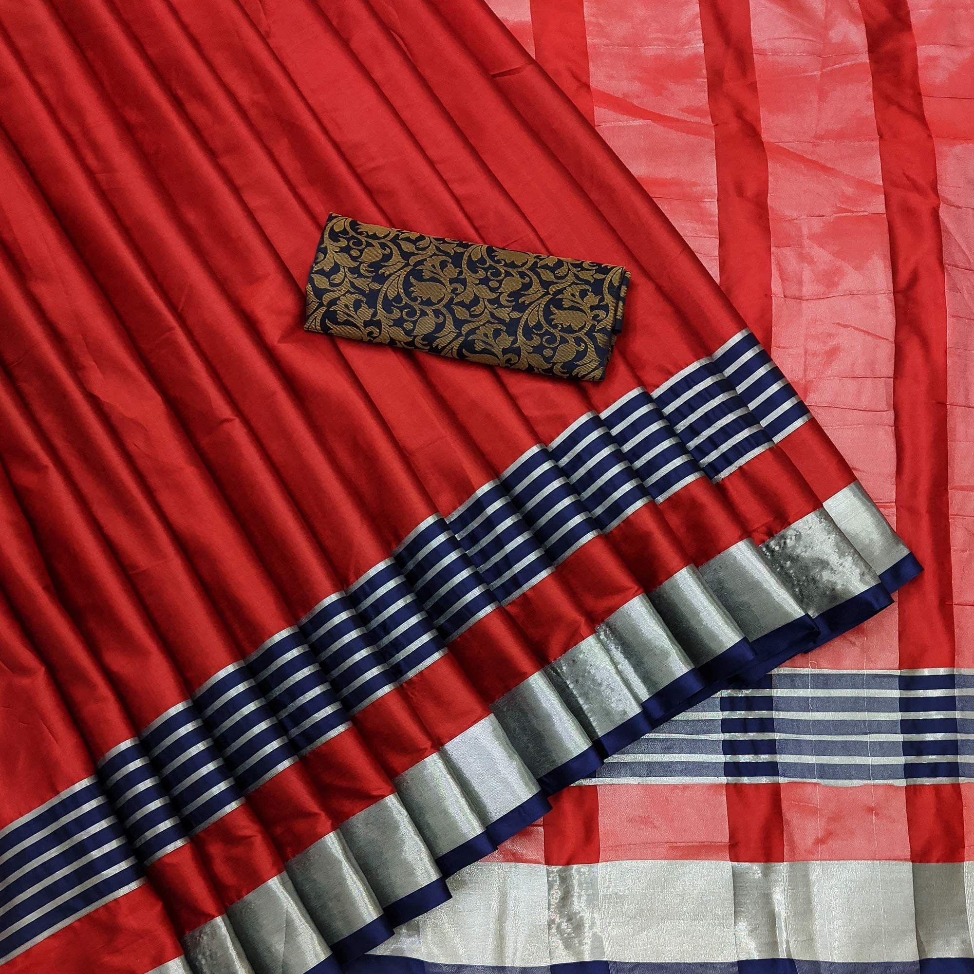 Fantastic Red Coloured Casual Wear Zari Border Cotton Saree - Peachmode