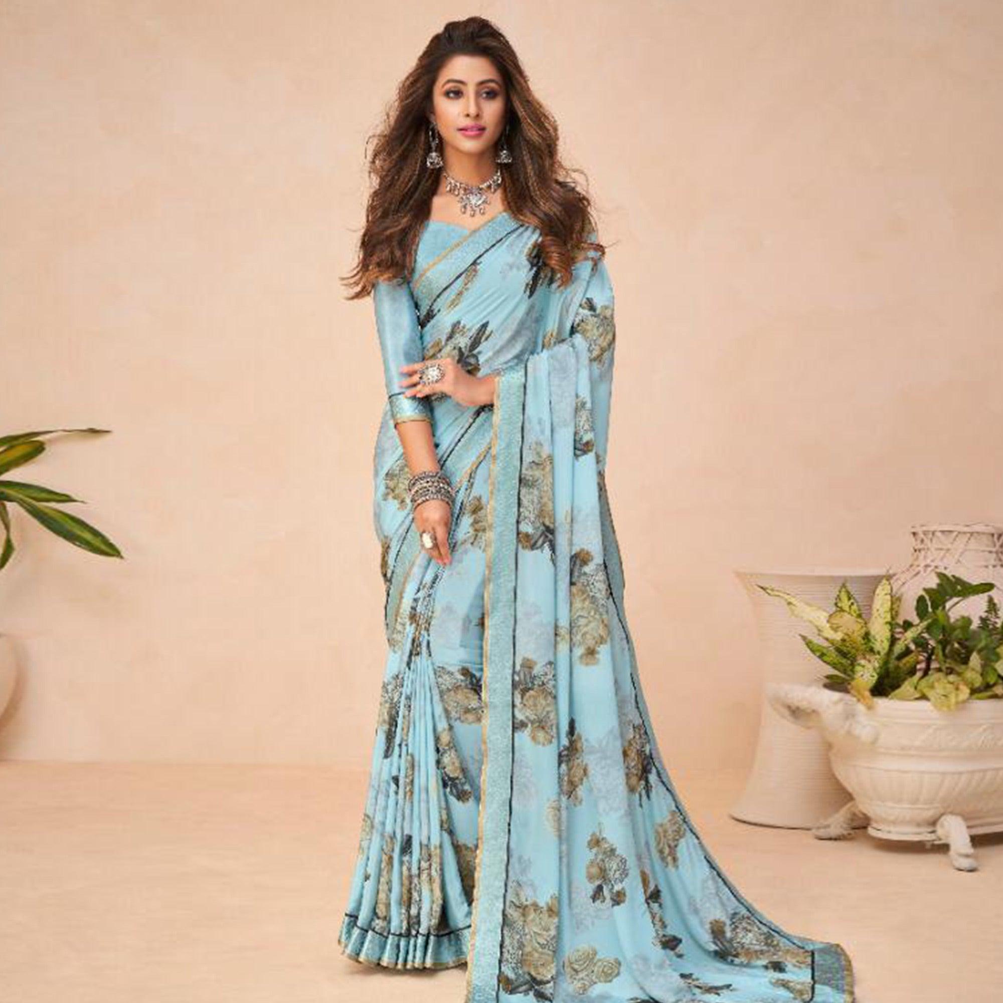 Fantastic Sky Blue Coloured Casual Wear Printed Crepe Saree - Peachmode