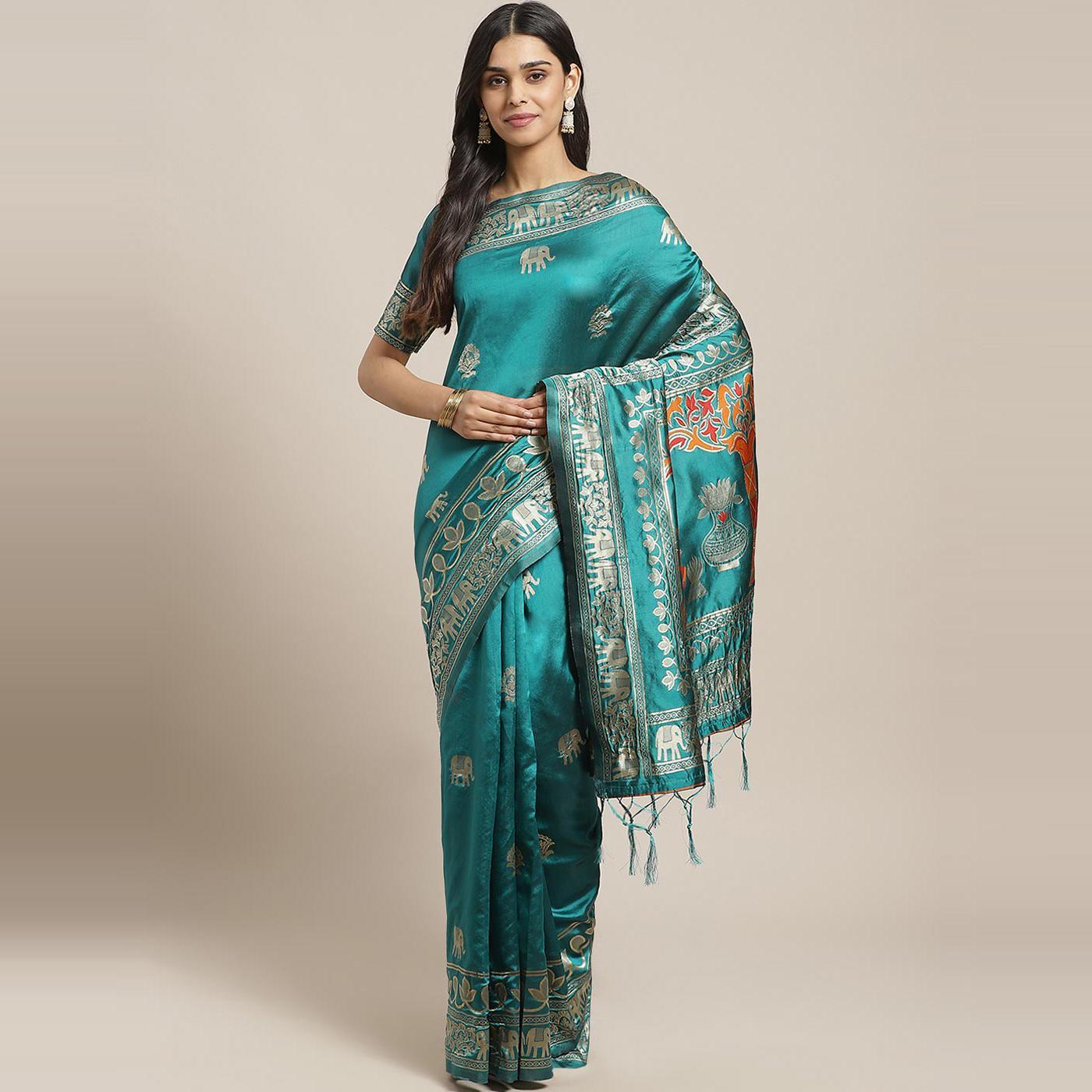 Fantastic Teal Green Colored Festive Wear Woven Silk Blend Saree - Peachmode