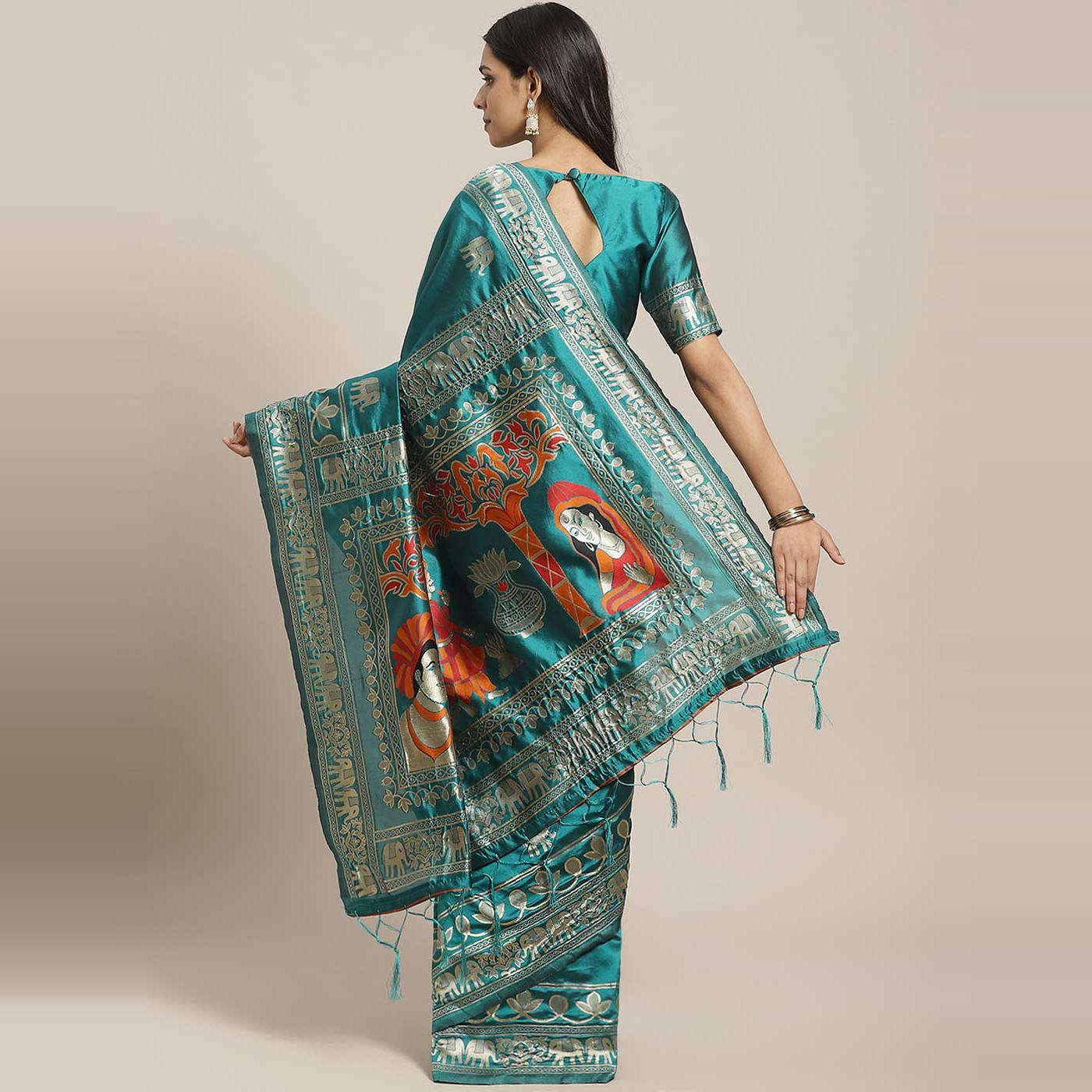 Fantastic Teal Green Colored Festive Wear Woven Silk Blend Saree - Peachmode