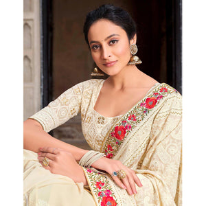 Fantastic White Colored Partywear Embroidered Satin - Gerogette Saree - Peachmode