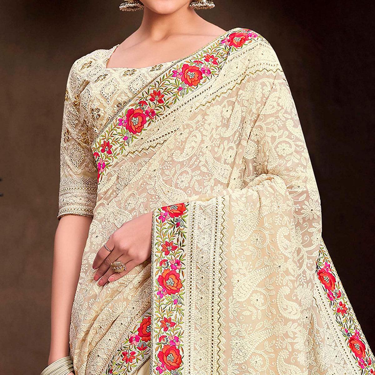 Fantastic White Colored Partywear Embroidered Satin - Gerogette Saree - Peachmode